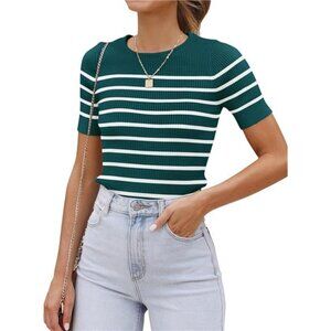 Women's Summer Striped Crewneck T-Shirt Slim Fit Ribbed Knit Casual Basic Tee